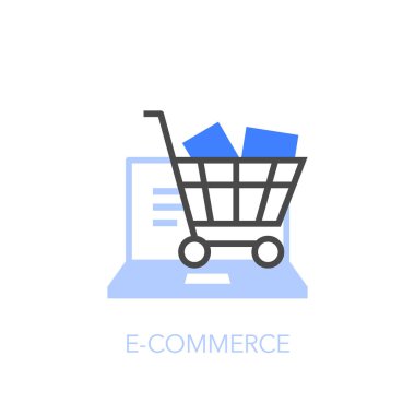 Bilgisayarı ve alışveriş arabası olan bir e-ticaret sembolü. Web siteniz veya sunumunuz için kullanması kolay.