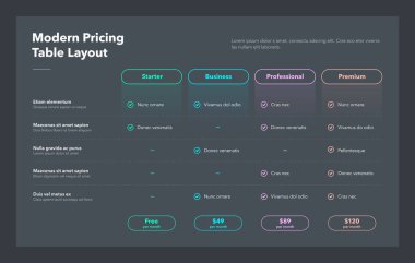 Dört abonelik planıyla modern fiyat tablosu düzeni - karanlık versiyon. Web sitesi veya sunum için düz bilgi tasarım şablonu.