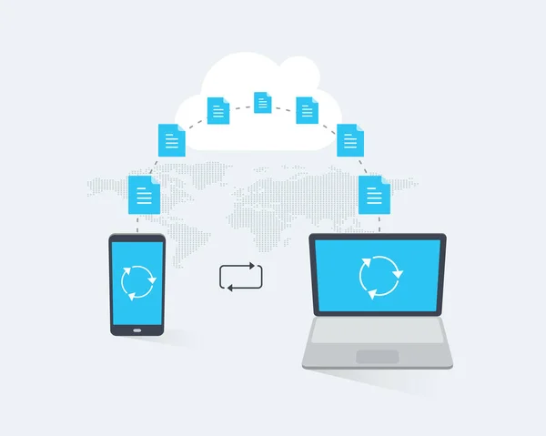 Plantilla Infografía Tecnológica Con Portátil Smartphone Que Transfiere Documentos Través — Vector de stock