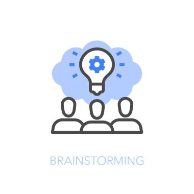 Düşünen insanlar ve düşünen baloncuklarla beyin fırtınası sembolü. Web siteniz veya sunumunuz için kullanması kolay.