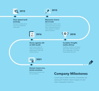 Modern şirket zaman çizelgesi şablonu - mavi versiyonu. Web siteniz veya sunumunuz için kullanması kolay.