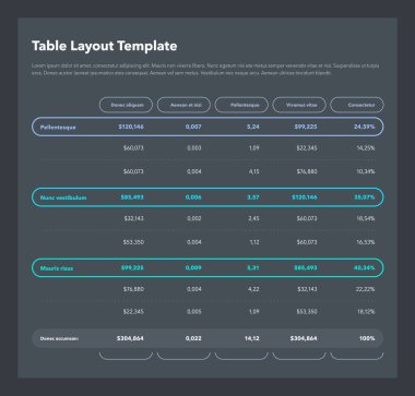 Modern iş tablosu şablonu toplam toplam toplam satırı ve içeriğiniz için yer - karanlık versiyonu. Düz tasarım, web siteniz veya sunumunuz için kullanması kolay.