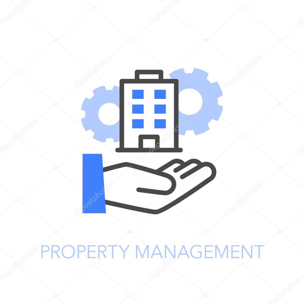 Property management symbol with a human hand and a building. Easy to use for your website or presentation.