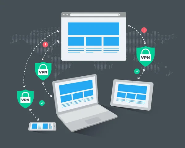 Infographies Sécurité Réseau Vpn Version Sombre Trois Appareils Avec Connexion — Image vectorielle