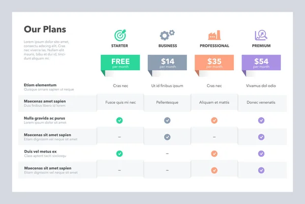 Simple Pricing Comparison Table Four Subscription Plans Place Description Flat — ストックベクタ