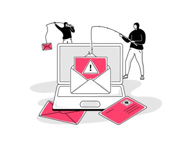 Bir dizüstü bilgisayarlı ve iki hackerlı sahte e-posta sembolü. Web siteniz veya sunumunuz için kullanması kolay.