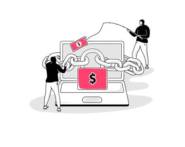 Bir dizüstü bilgisayar ve iki hackerla fidye yazılımı sembolü. Web siteniz veya sunumunuz için kullanması kolay.