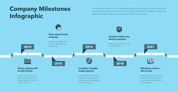 Simple infographic with five steps for company milestones - blue version. Easy to use for your website or presentation.