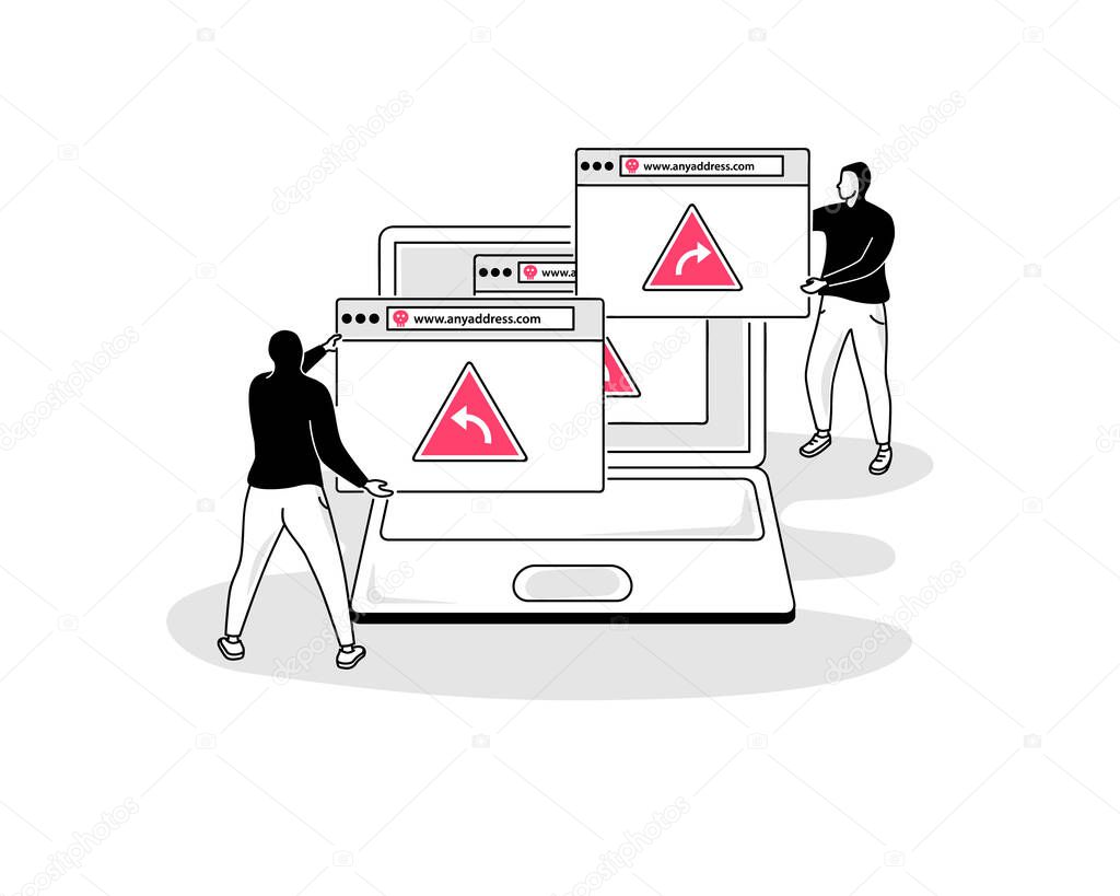 Illustration of pharming attack symbol with a laptop and two hackers with several browser windows. Easy to use for your website or presentation.