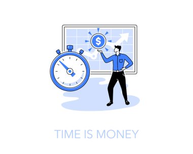 Zamanın resmedilmesi, kronometresi ve bir dolar parası olan para sembolüdür. Web siteniz veya sunumunuz için kullanması kolay.