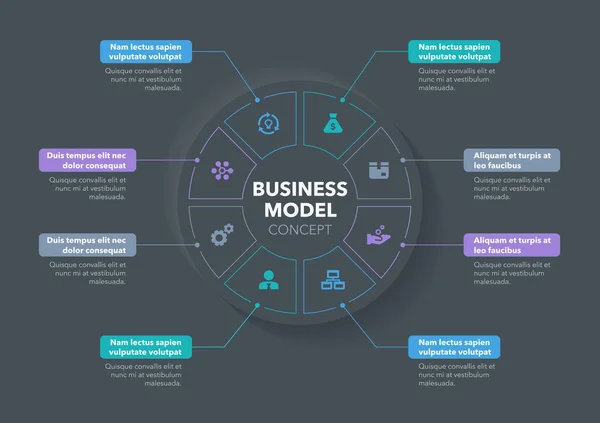 Concepto Moderno Para Diagrama Modelo Negocio Con Ocho Pasos Lugar — Archivo Imágenes Vectoriales