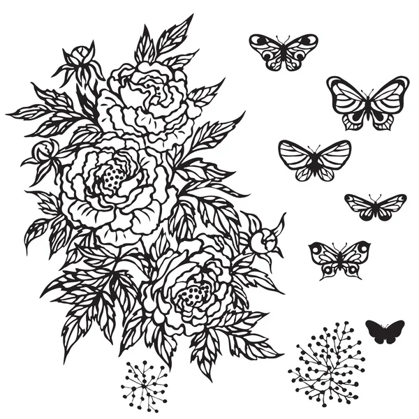 Konturierte Pfingstrose Blume und eine Reihe von Schmetterlingen. — Stockvektor