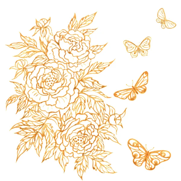 Flor Dourada e Batterflies . — Fotografia de Stock