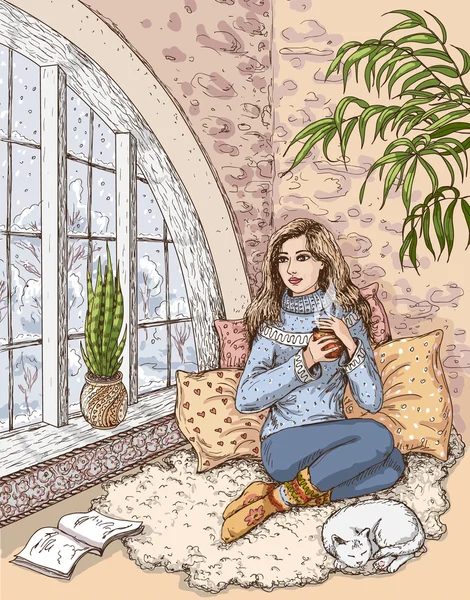 Girl drinking hot tea near the window. — Stockvector