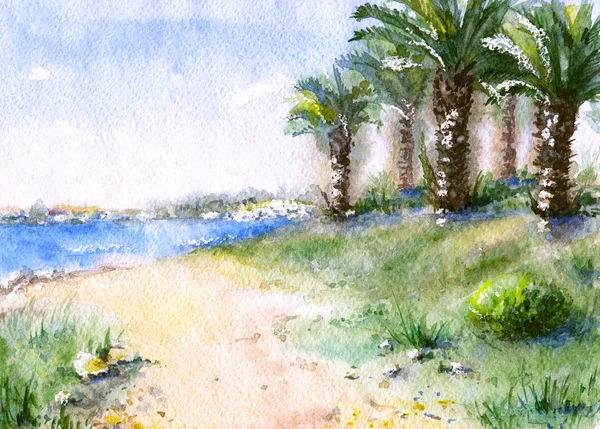 Akvarell trópusi tájra, a tenger partján és a pálmafák között. — Stock Fotó