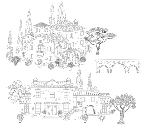 Contoured  stone houses, bridge and trees. — Stock Vector