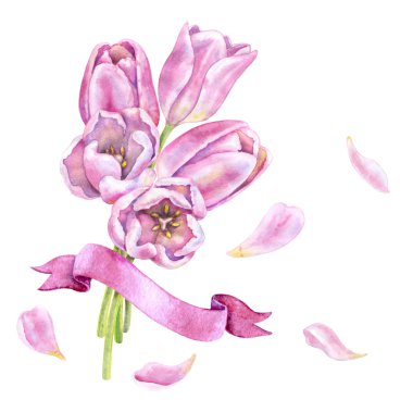 Sulu Boya Pembe Lale grup Şerit ile.