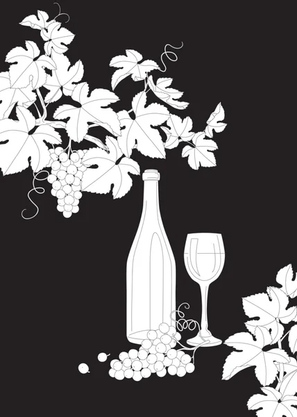 Preto e branco contorna ramos de uva, vidro e garrafa de —  Vetores de Stock