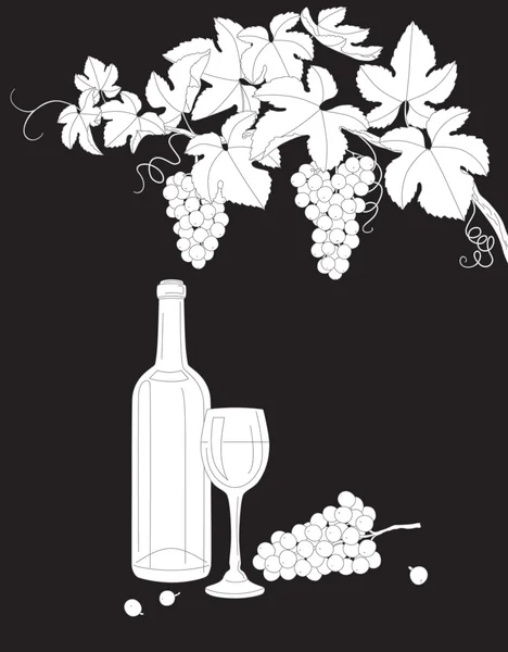 Black and white outlines branch of grape, glass and bottle of wi — Stock Vector