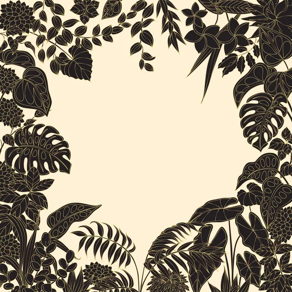 Čtvercový rám s tropickými rostlinami silueta. — Stockový vektor