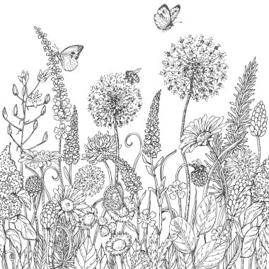 Seamless line pattern with wildflowers  and insects clipart