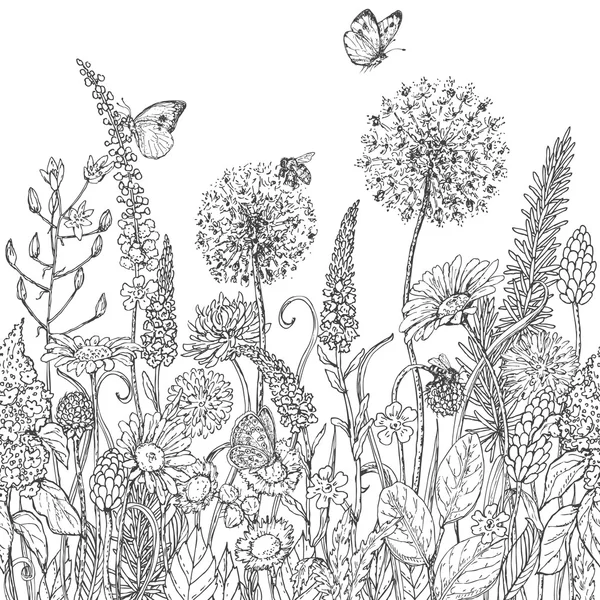 Seamless line pattern with wildflowers  and insects Stock Vector