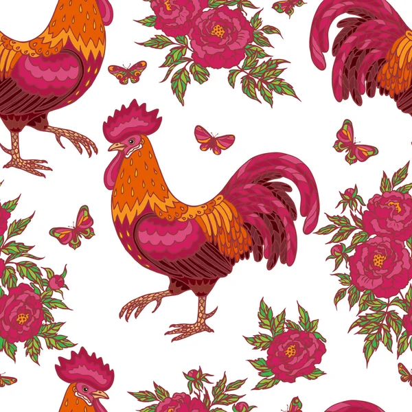 Pattern with red rooster, butterflies and flowers Stock Vector