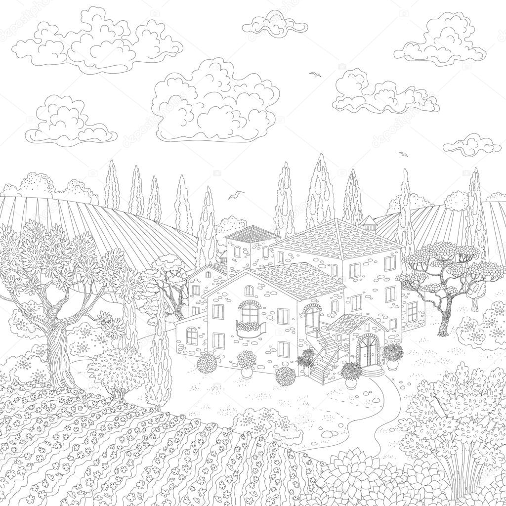 A forma di paesaggio di estate con house vigneto alberi e nuvole Manor con pietra vecchia casa Fumetto illustrazione disegnata a mano