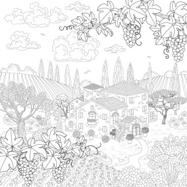 Cartoon contoured landscape with house and grape branches. clipart