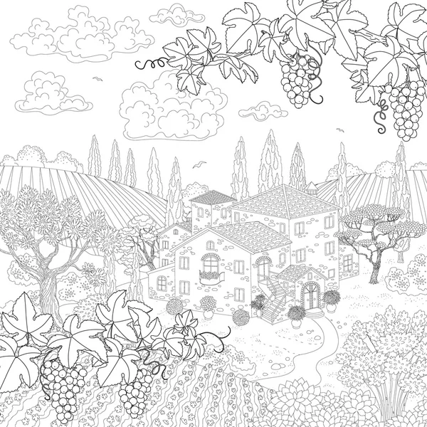 Cartoon voorgevormde landschap met huis en druif takken. — Stockvector