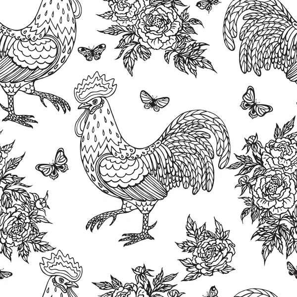Contoured 닭, 나비와 꽃 패턴 — 스톡 벡터
