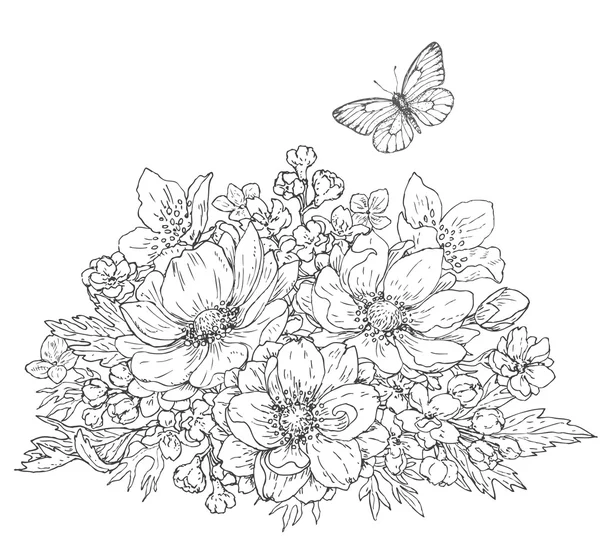 Fleurs d'anémone et croquis papillon — Image vectorielle