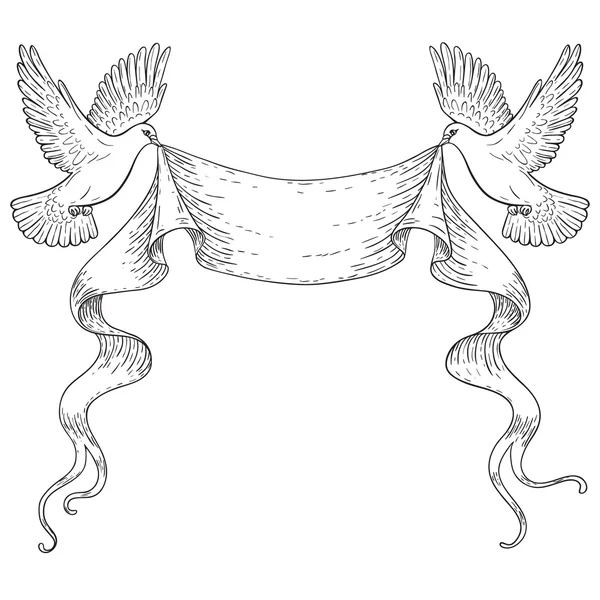 Kézzel rajzolta kontúros repülő galambok szalaggal — Stock Vector