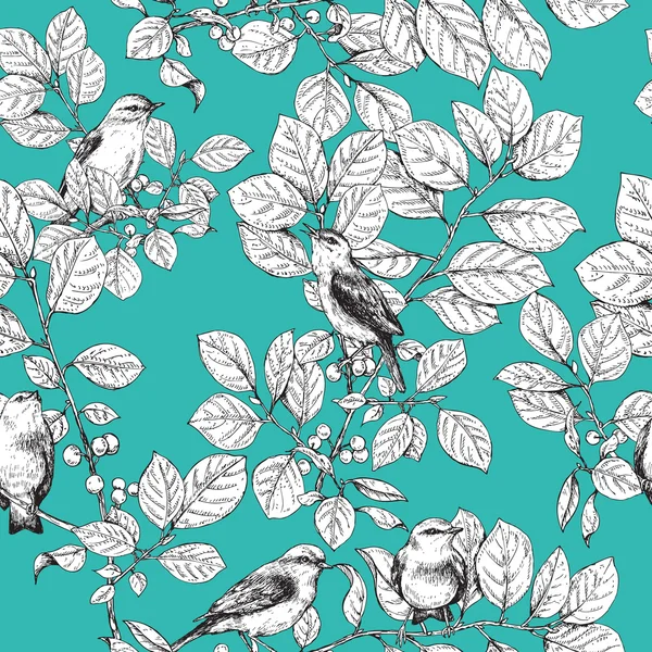 Motif sans couture avec des oiseaux sur les branches — Image vectorielle