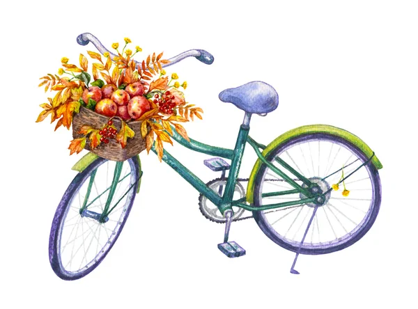 Велосипед с осенней корзиной яблок — стоковое фото