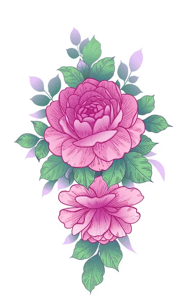 Bouquet Dessiné Main Avec Des Fleurs Roses Des Feuilles Vertes — Image vectorielle