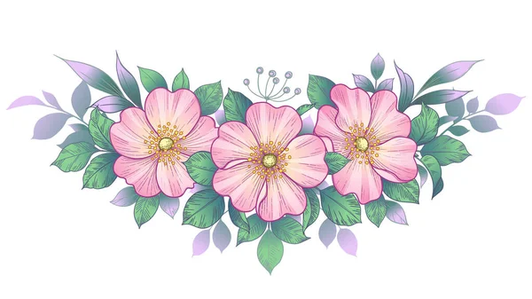 ピンクの花と緑の葉が白い上に孤立した手描きの犬バラの束 ヴィンテージスタイル タトゥーデザイン 結婚式の装飾でベクトルラインアートエレガントな花の配置 — ストックベクタ