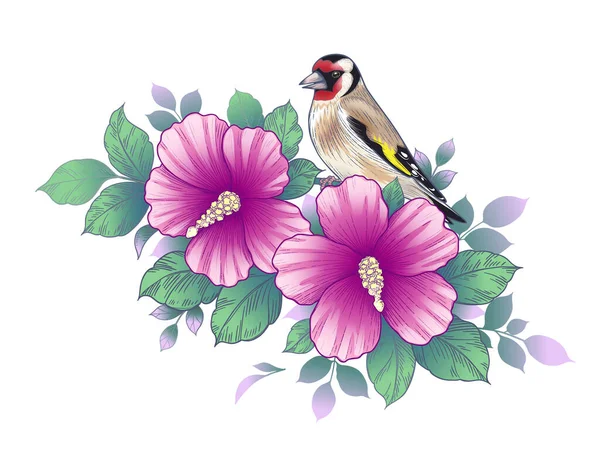 Hand Drawn Goldfinch Sitting Hibiscus Branch Pink Flowers Green Leaves — Stock Vector