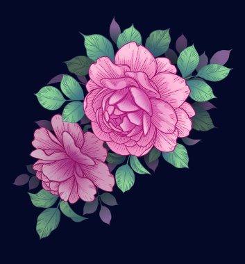 Koyu pembe güllü zarif çiçek aranjmanı. Huysuz arka planda güzel bitkiler. Elle çizilmiş çiçek ve yapraklarla klasik tarzda romantik illüstrasyon.