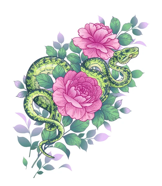 Handgezeichnete Gedrehte Schlange Und Rosen Isoliert Auf Weiß Vektorgrüne Python — Stockvektor