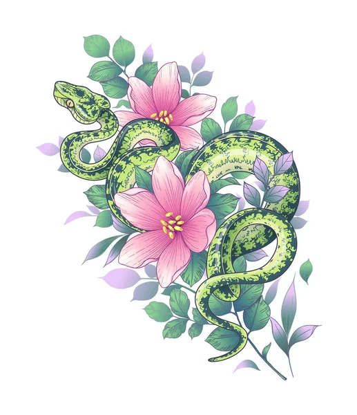 Χέρι Ζωγραφισμένο Πράσινο Στριμμένο Φίδι Ανάμεσα Ροζ Λουλούδια Που Απομονώνονται — Διανυσματικό Αρχείο