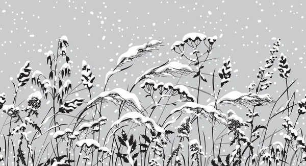 Naadloze Horizontale Rand Met Sneeuwval Besneeuwde Weideplanten Winterpatroon Met Gras — Stockvector