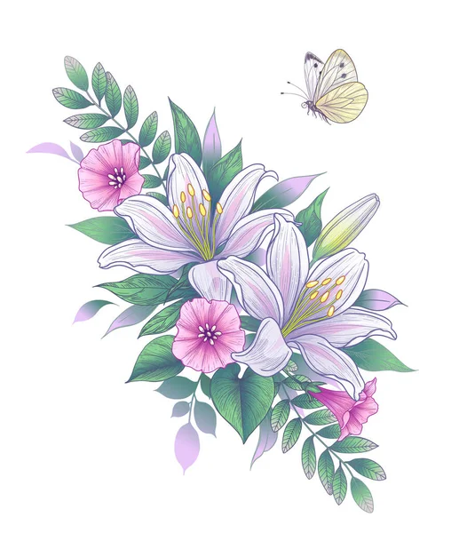 Ramo Dibujado Mano Con Flores Lirio Blanco Convolvulus Rosa Mariposa — Vector de stock