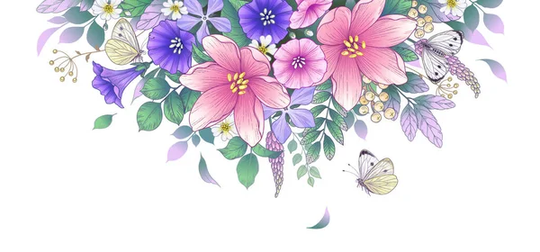 Met Hand Getekend Bloeiende Roze Paarse Bloemen Vlinders Witte Achtergrond — Stockvector