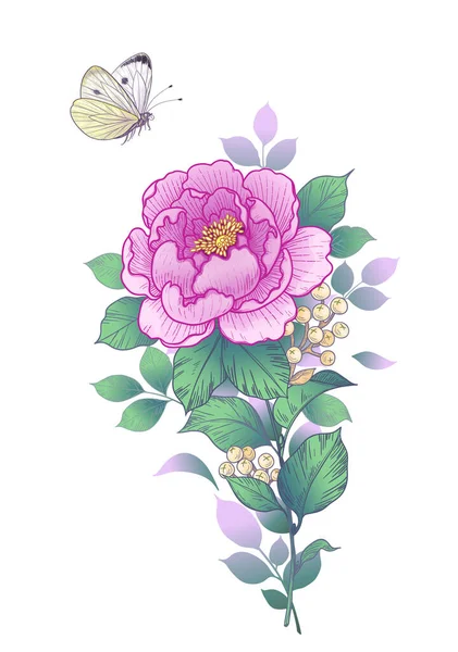 白地にピンクの牡丹と蝶を描いた手描き 1つの花と空飛ぶ蛾 ヴィンテージスタイル タトゥーデザイン テンプレートのベクトルエレガントな花の組成 — ストックベクタ