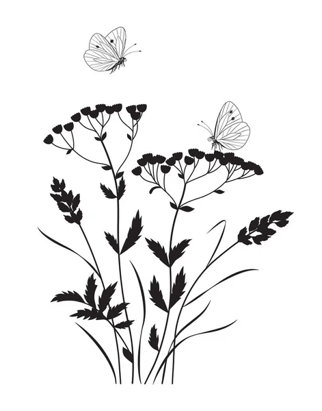 Monochrome Composition Butterflies Wild Flowers Black Silhouette Wildflowers Grasses Flying — Stock Vector