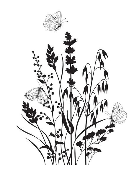 Monochrome Composition Butterflies Wild Flowers Black Silhouette Wildflowers Grasses Flying — Stock Vector