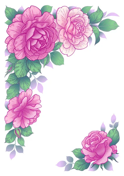 Elegante Borde Con Flores Rosadas Hojas Verdes Rosas Dibujadas Mano — Vector de stock