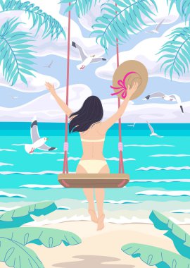 Hasır şapkalı genç kadın deniz kıyısında salıncakta sallanıyor. Mayo giymiş bir kız. Tatil konsepti. Mavi suyu, palmiye yapraklarını ve uçan martıları olan huzur manzarası. Vektör düz resimleme.