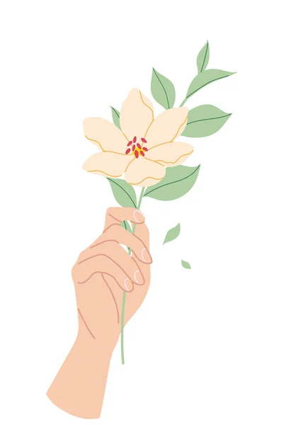 Rama Mano Femenina Con Gran Flor Beige Mujer Simple Mano — Vector de stock